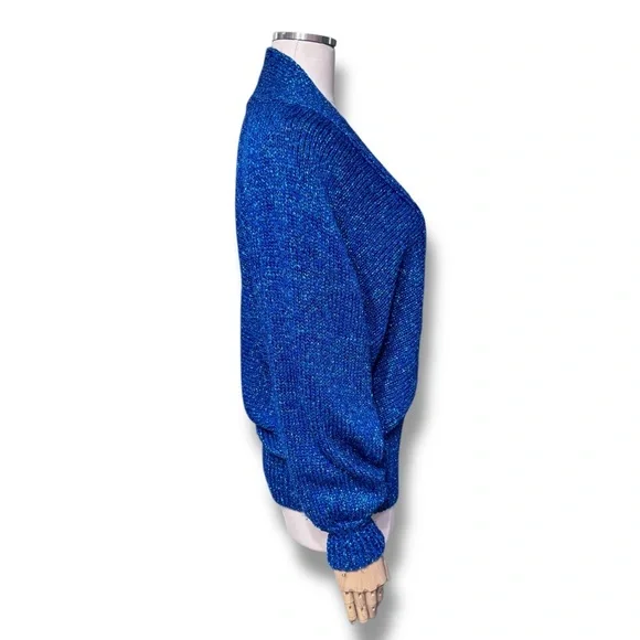 LILLIE RUBIN Metallic Blue Deep V Neck Sweater Dolman Sleeves VINTAGE